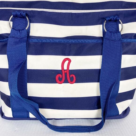 Initials Inc Beach Bag‎ Tote Navy Blue Ivory White Stripe Mesh Bottom Pockets A - Picture 12 of 15
